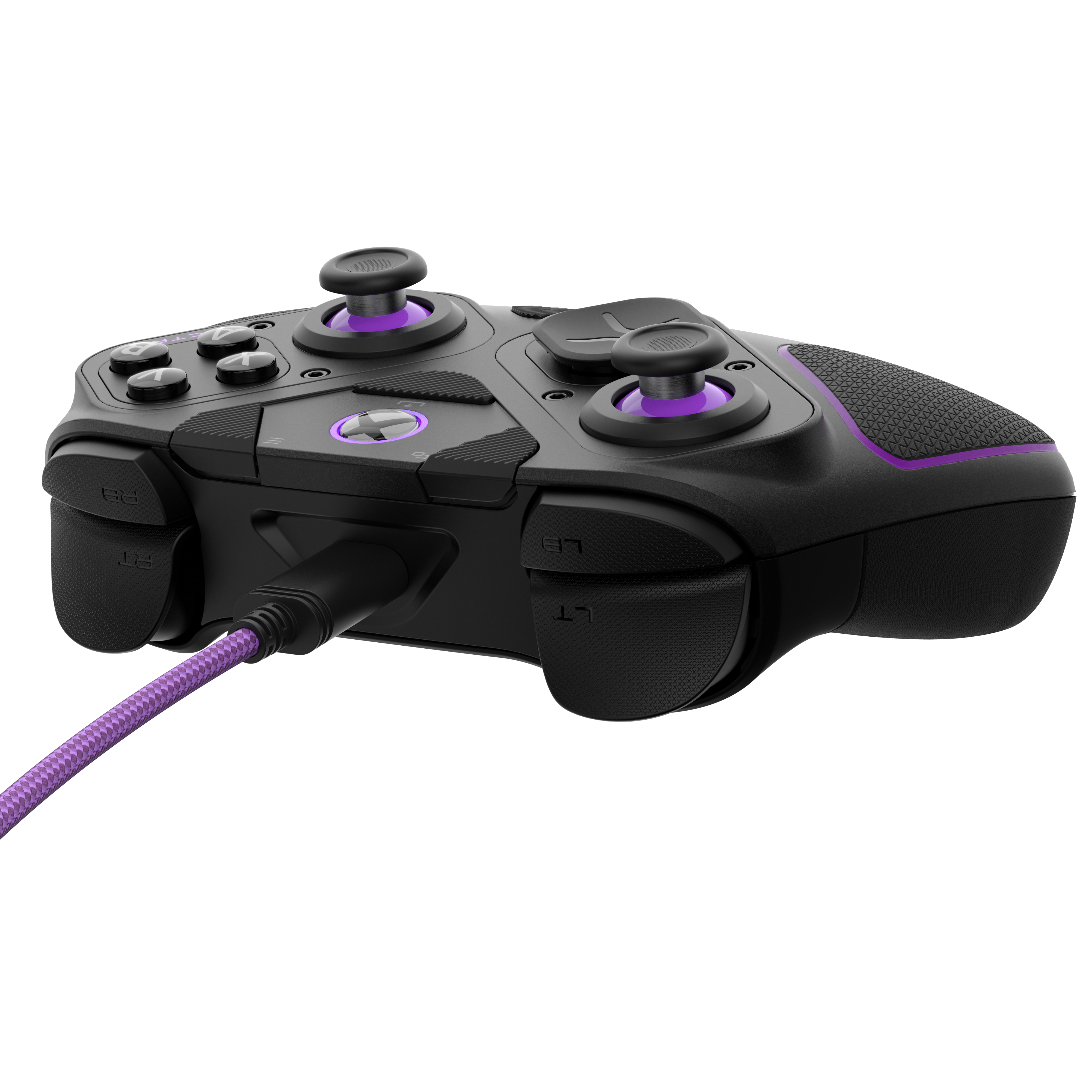 Schwarzer Gaming-Controller mit lila Akzenten und lila Ladekabel.