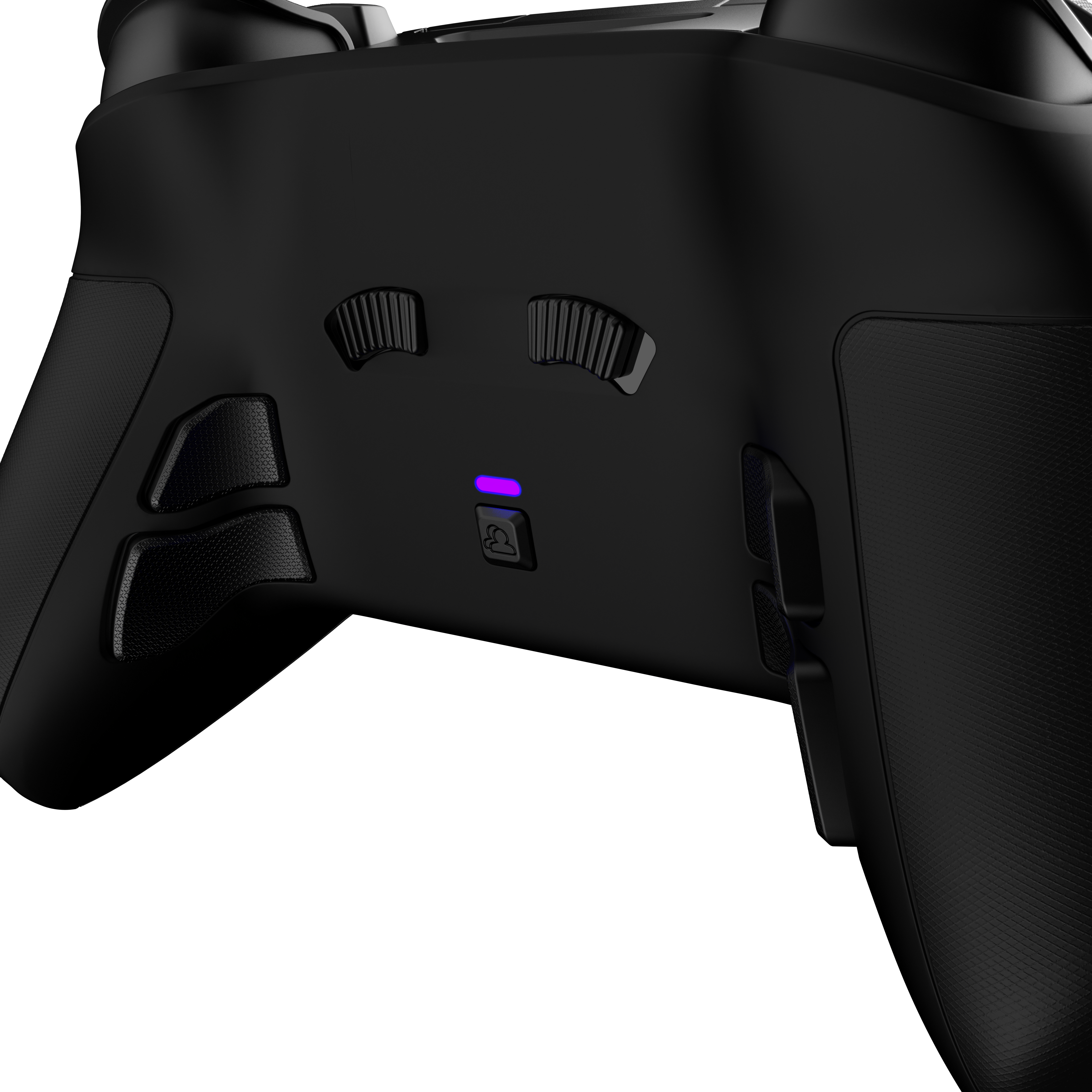 Ein schwarzer Gamecontroller mit Tasten, Joysticks und einer lila Kontrollleuchte.