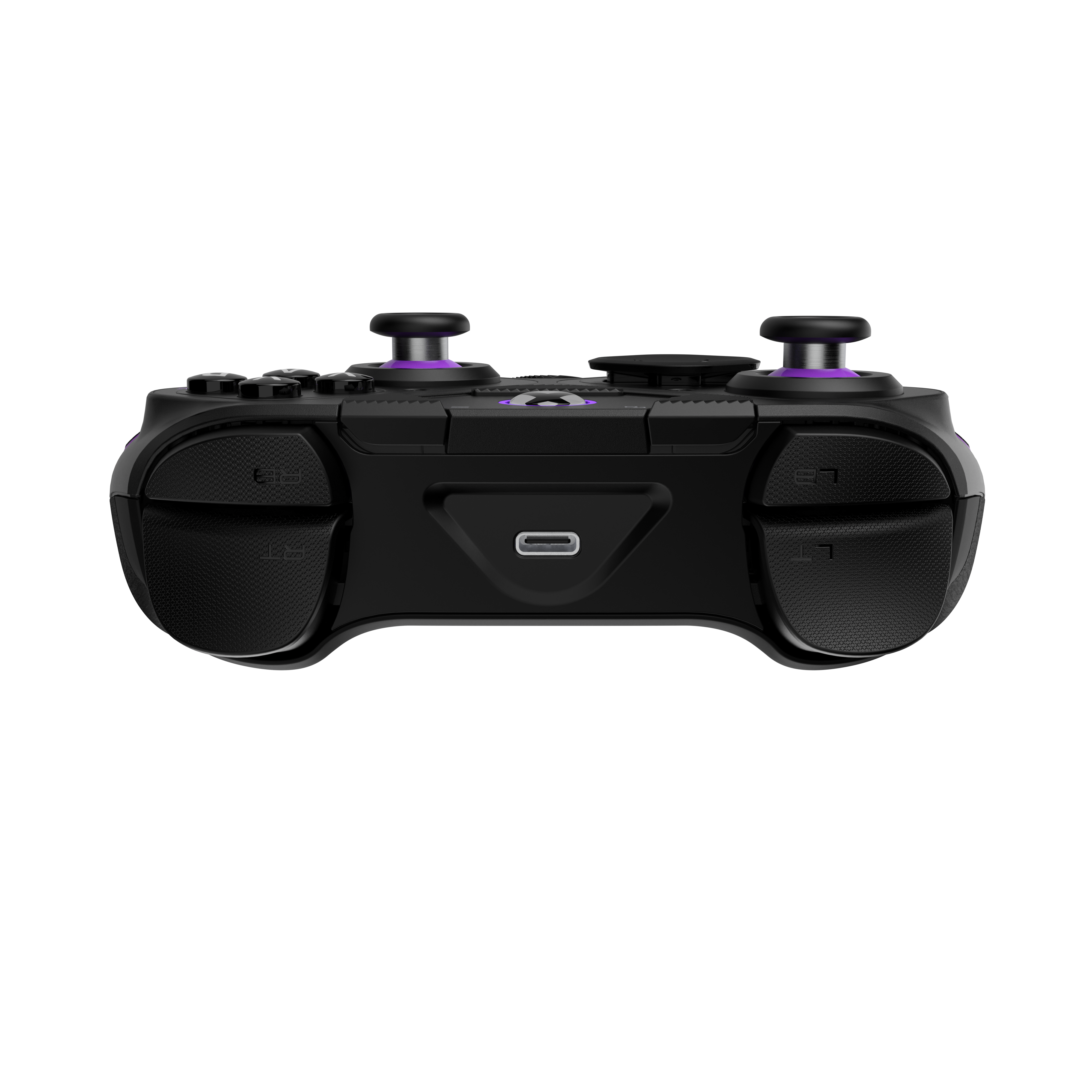 Schwarzer Gamecontroller mit lila Akzenten. Verfügt über Knöpfe, Joysticks und einen USB-Anschluss.