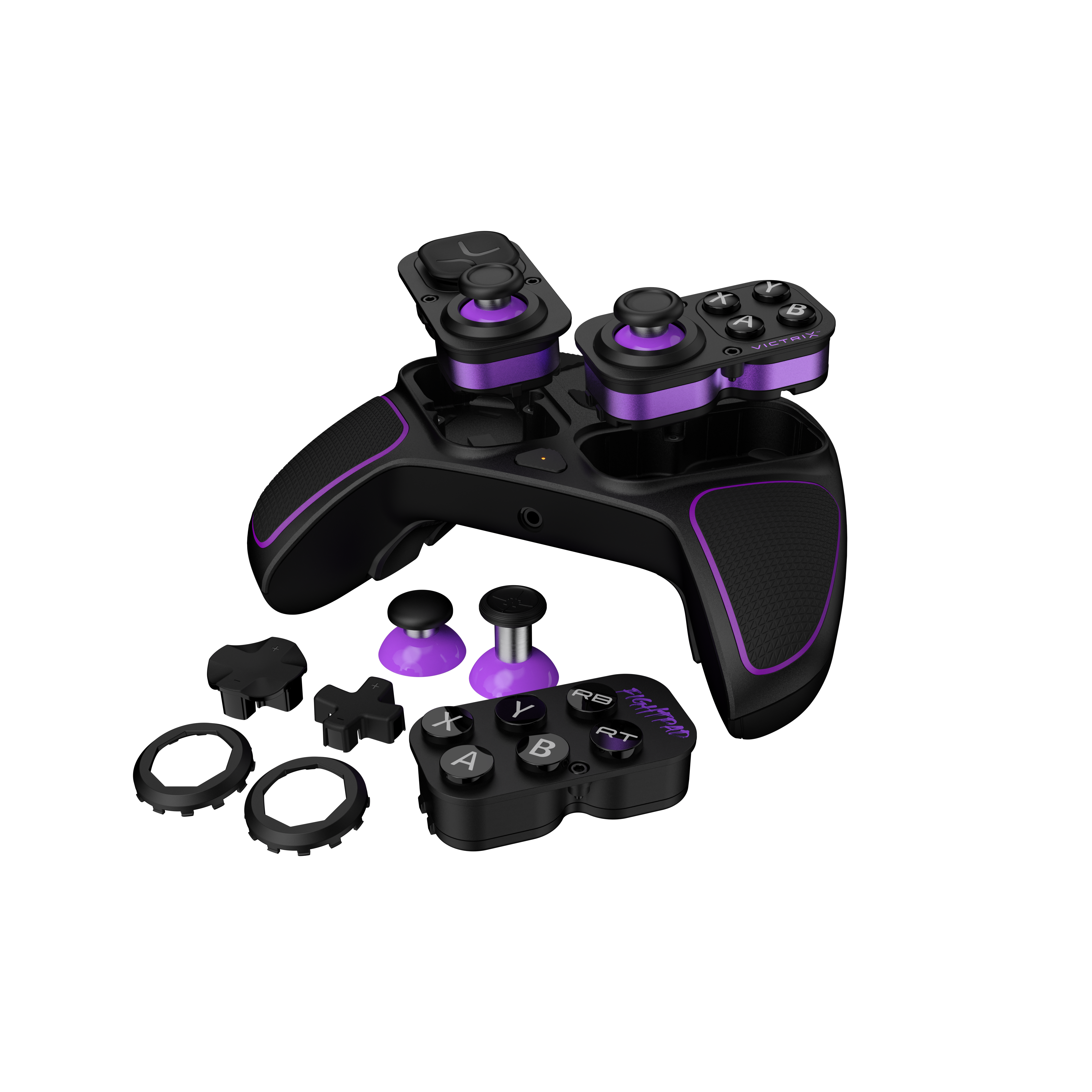 Gamecontroller zerlegt mit lilafarbenen Akzenten. Schwarzer Körper, lila Knöpfe und Sticks.
