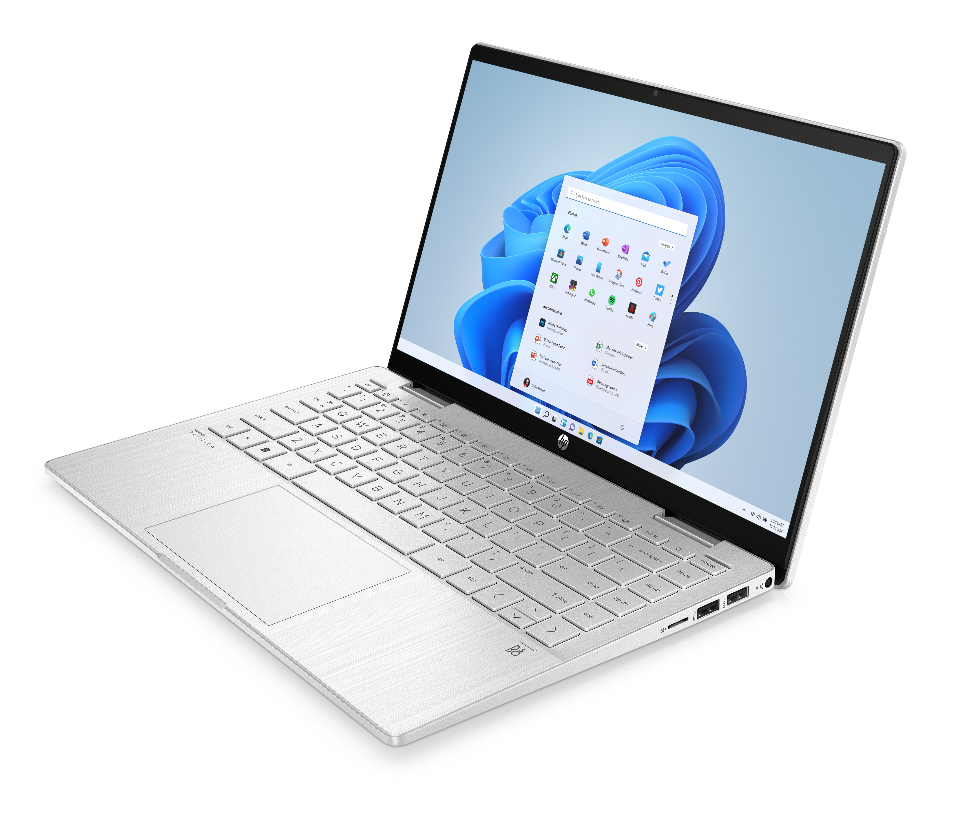 Gümüş dizüstü bilgisayar, Windows 11 arayüzünü gösteren açık ekranla. Klavye görünür. Beyaz arka plan.