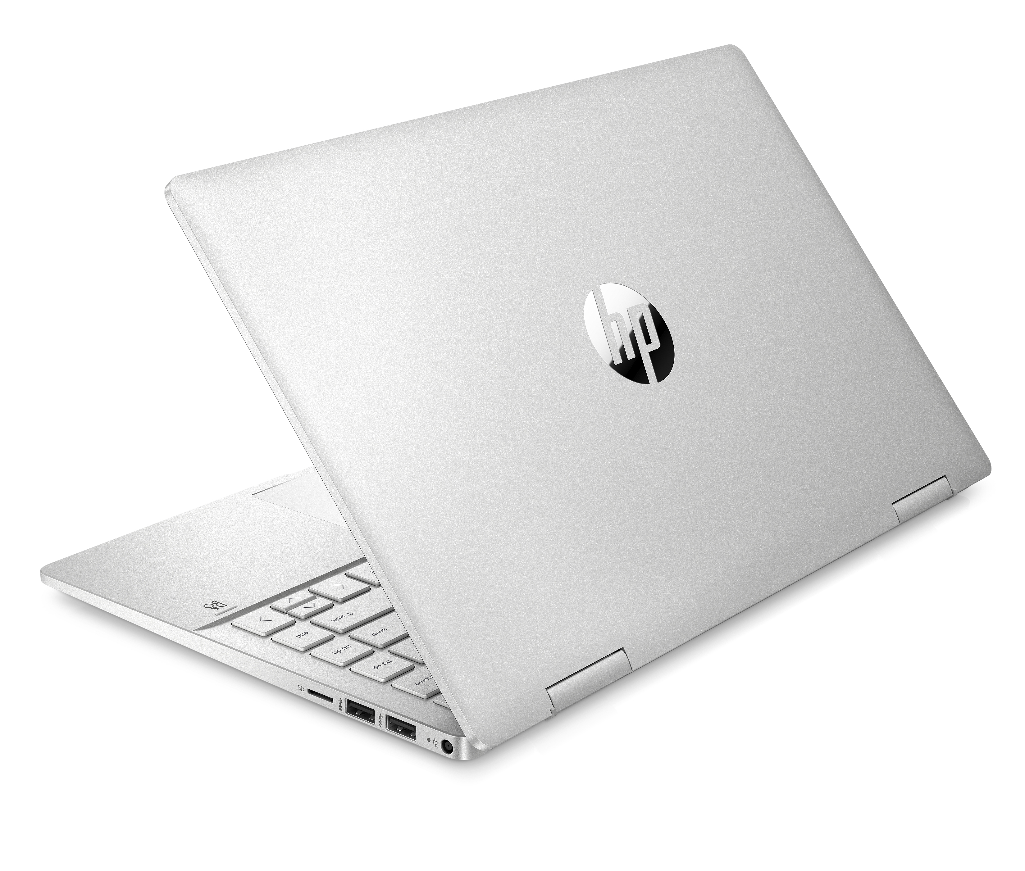 Arkada HP logosu bulunan gümüş bir dizüstü bilgisayar, kısmen açık.
