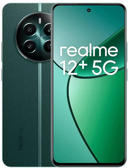 Zielony smartfon. Tył pokazuje kamery. Tekst 'realme 12+ 5G' na ekranie.