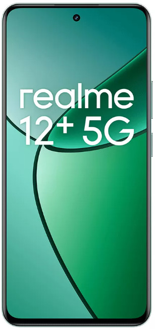 Zielony smartfon Realme 12+ 5G. Telefon wyświetla nazwę marki i model.