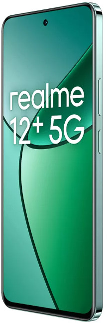 Turkusowy smartfon z napisem 'realme 12+ 5G' na ekranie.