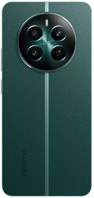 Zielony telefon z dużym okrągłym układem kamery i pionowym paskiem. Logo Realme na dole.