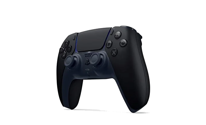 Siyah arka plan üzerinde siyah ve mavi PlayStation 5 kontrolcüsü, düğme düzenini gösteriyor.