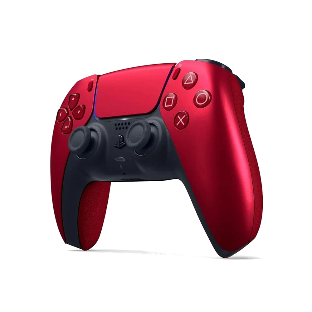 Kırmızı PlayStation 5 kontrolcüsü. Siyah joystickler ve düğmeler. Kırmızı düğmeler. Siyah arka plan.