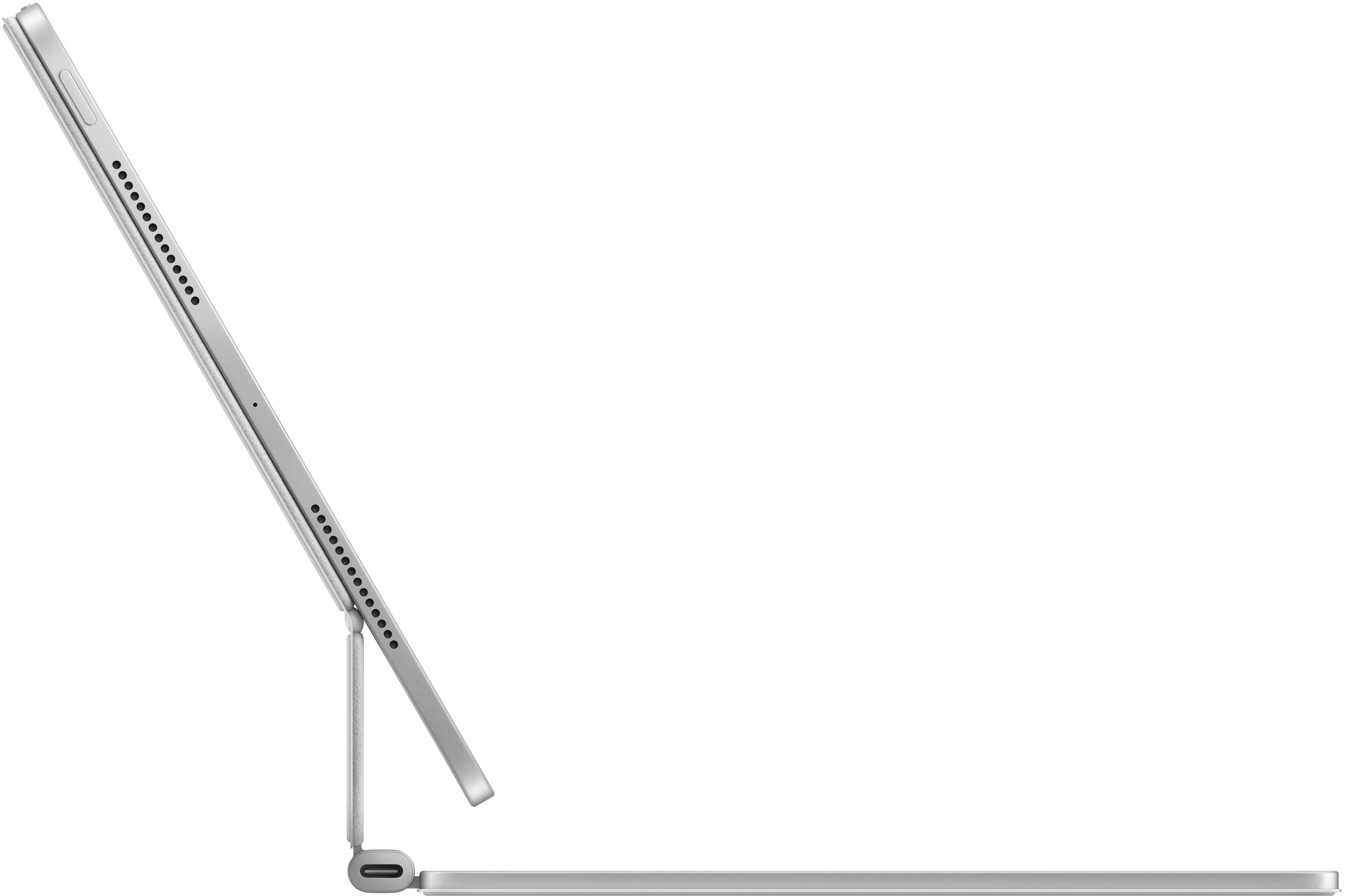 Ezüst tablet csatlakoztatott billentyűzettel, oldalnézetben, fehér háttérrel.