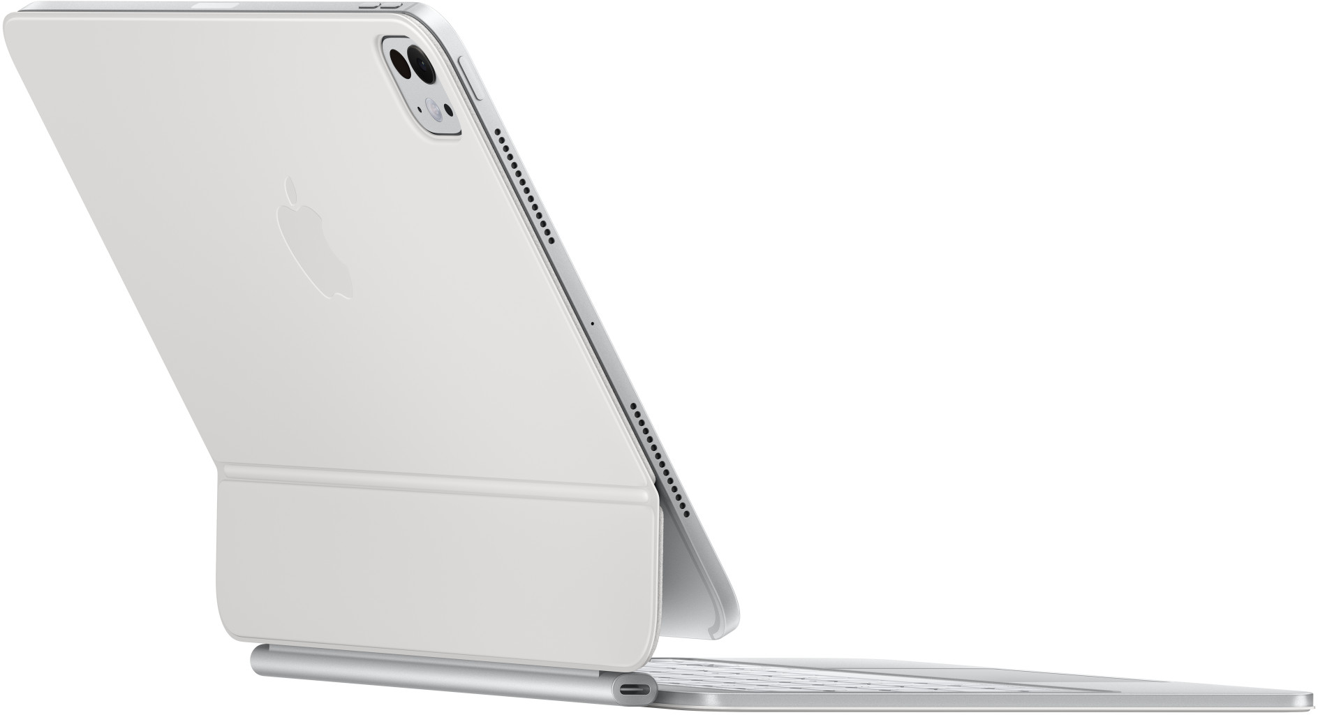 Fehér Apple iPad Pro billentyűzet tokkal, részben nyitva. Az Apple logója látható.