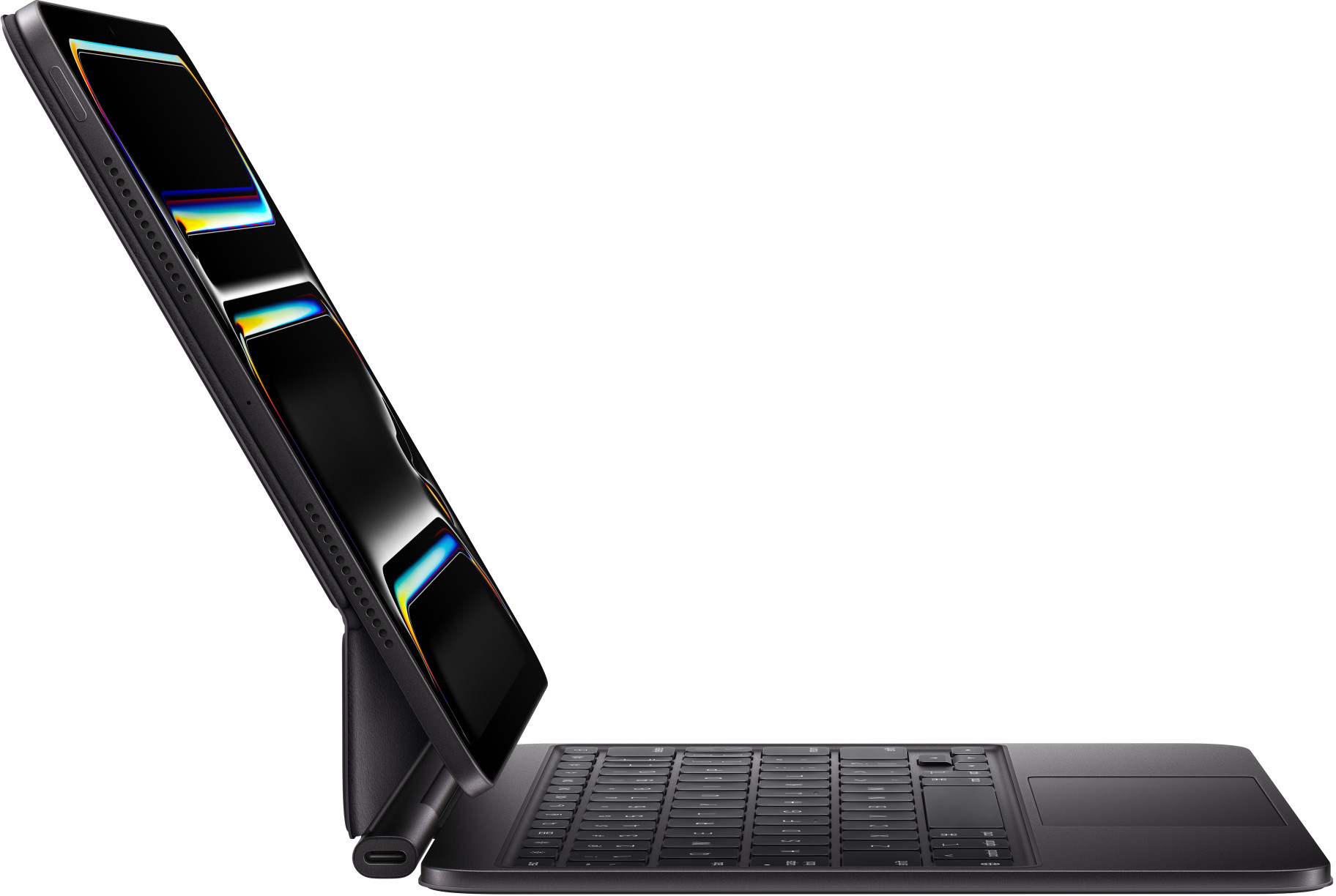 Egy táblagép a billentyűzeten van megtámasztva. A képernyő színes grafikát mutat, látható egy USB-C port.