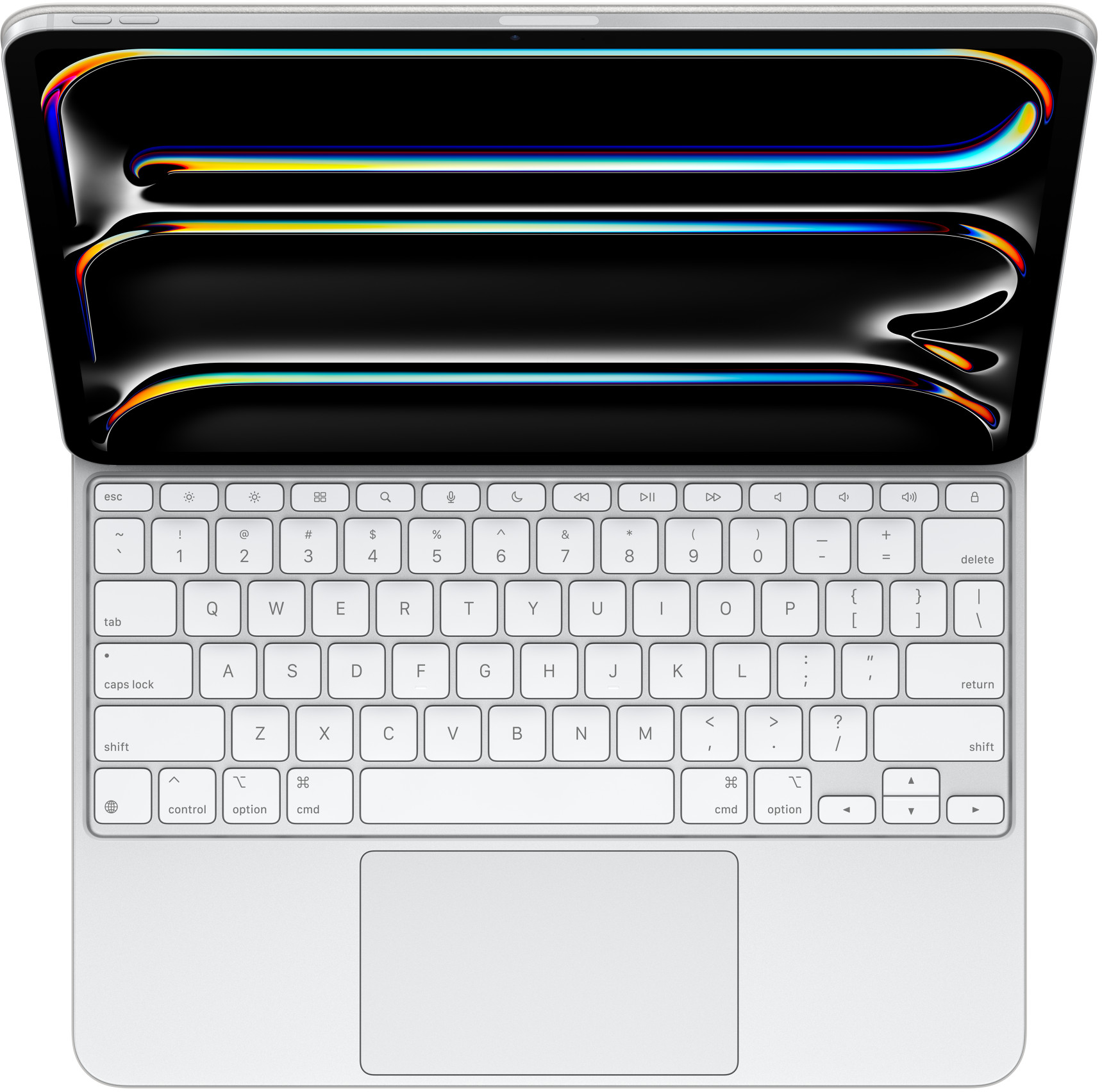 Felülről nézett laptop, nyitva, a billentyűzet és egy képernyő színes, absztrakt háttérrel.