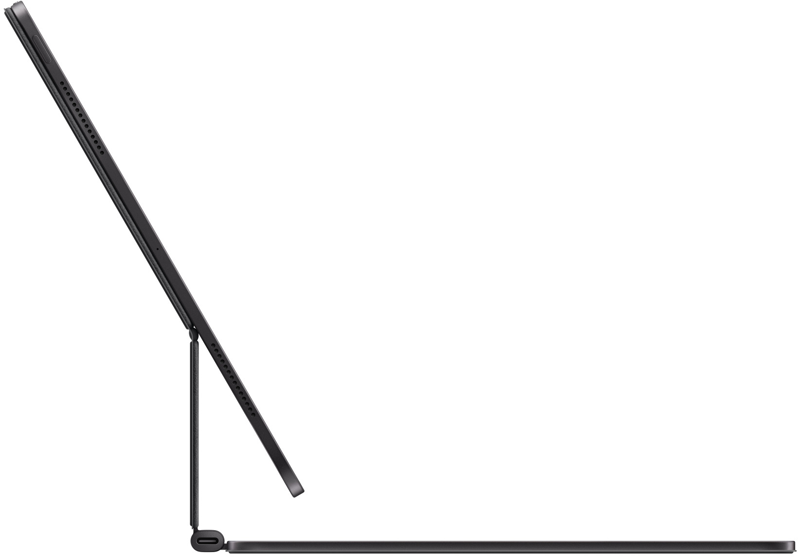 Egy fekete tablet oldalsó nézete csatlakoztatott billentyűzettel, nyitva.