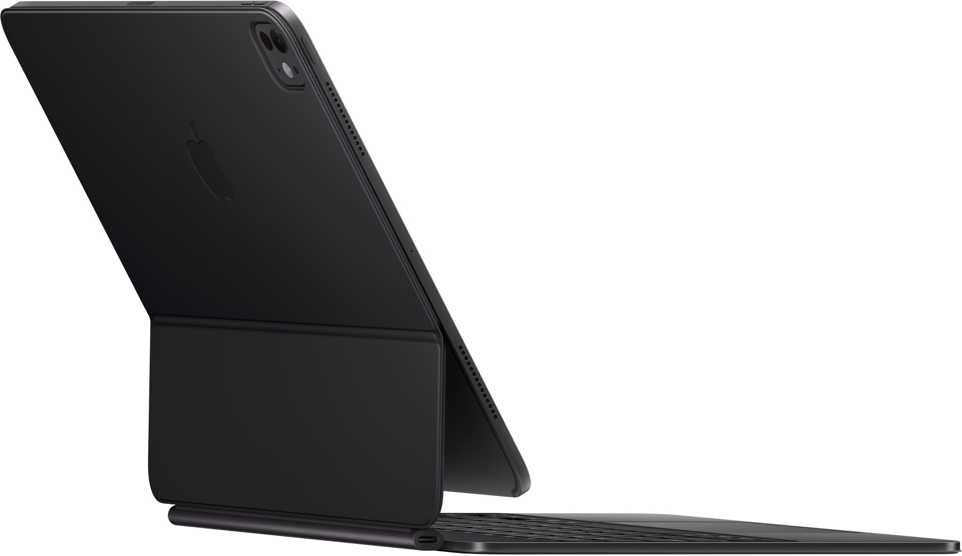 Fekete táblagép nyitott billentyűzet tokkal. Az Apple logója látható.