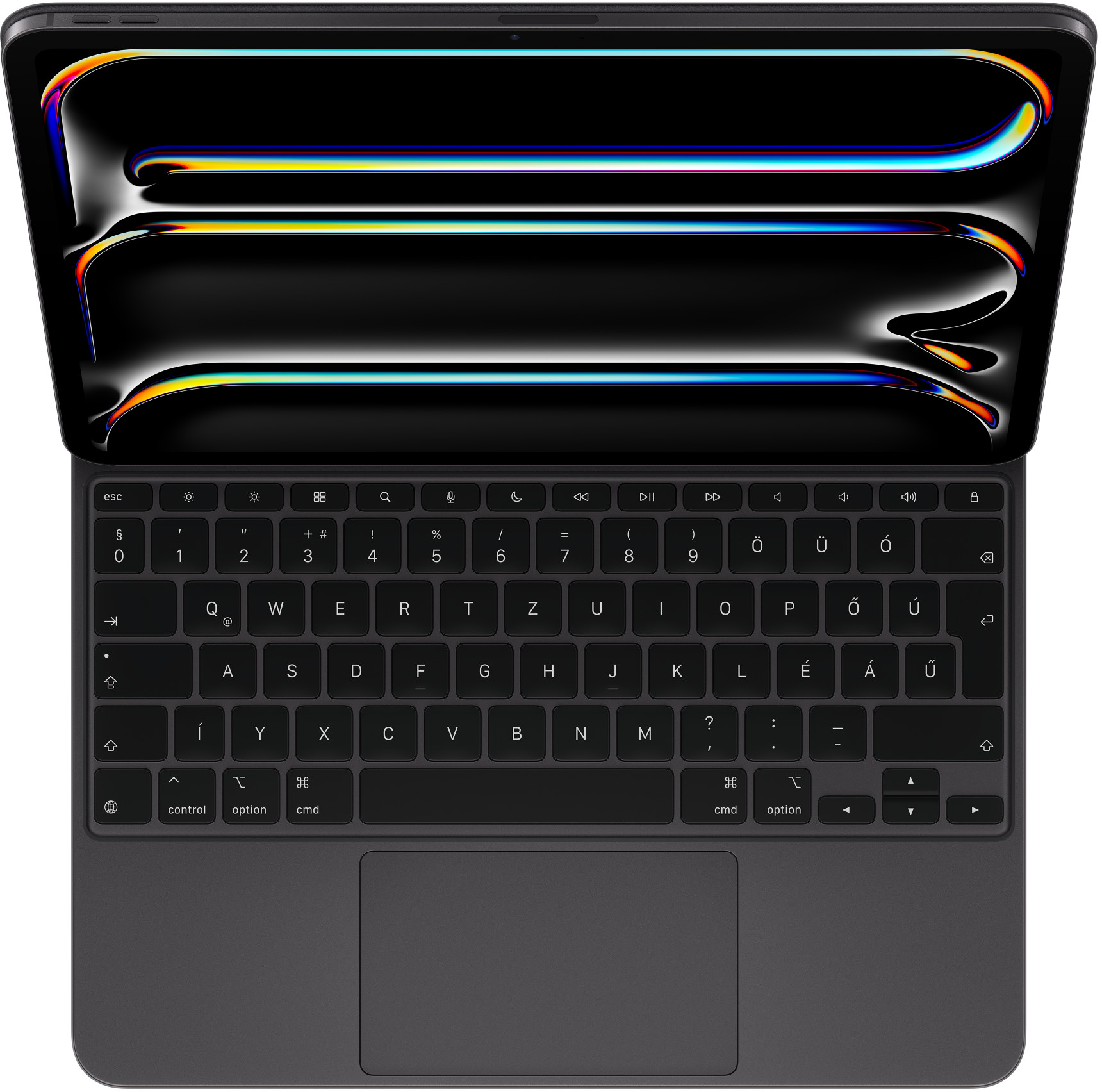 Fekete laptop billentyűzet érintőpaddal, neonfényeket tükröző képernyővel.