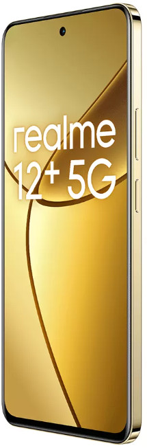Złoty smartfon z napisem 'realme 12+ 5G' na ekranie.