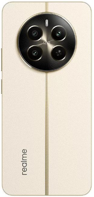 Kremowy telefon z okrągłym układem kamer i złotą pionową linią.
