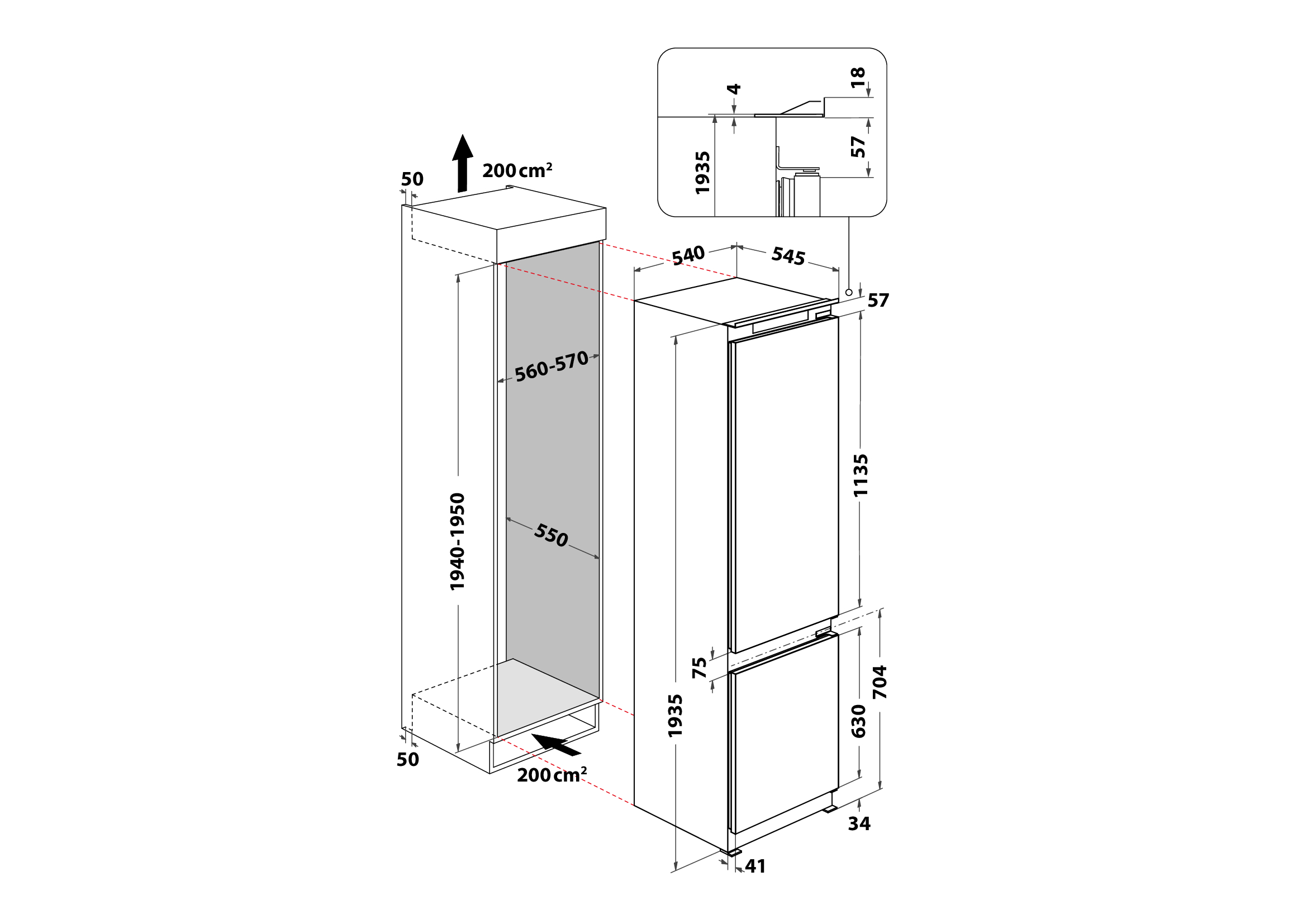 Dibujo técnico de un frigorífico con dimensiones en cm y flechas direccionales.