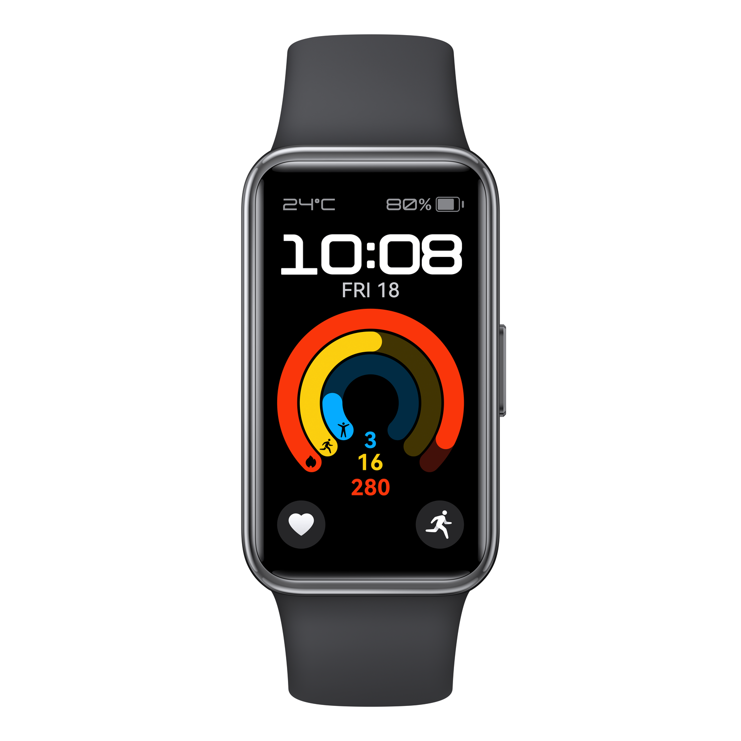 Black and grey smartwatch displaying time, date, and activity rings.