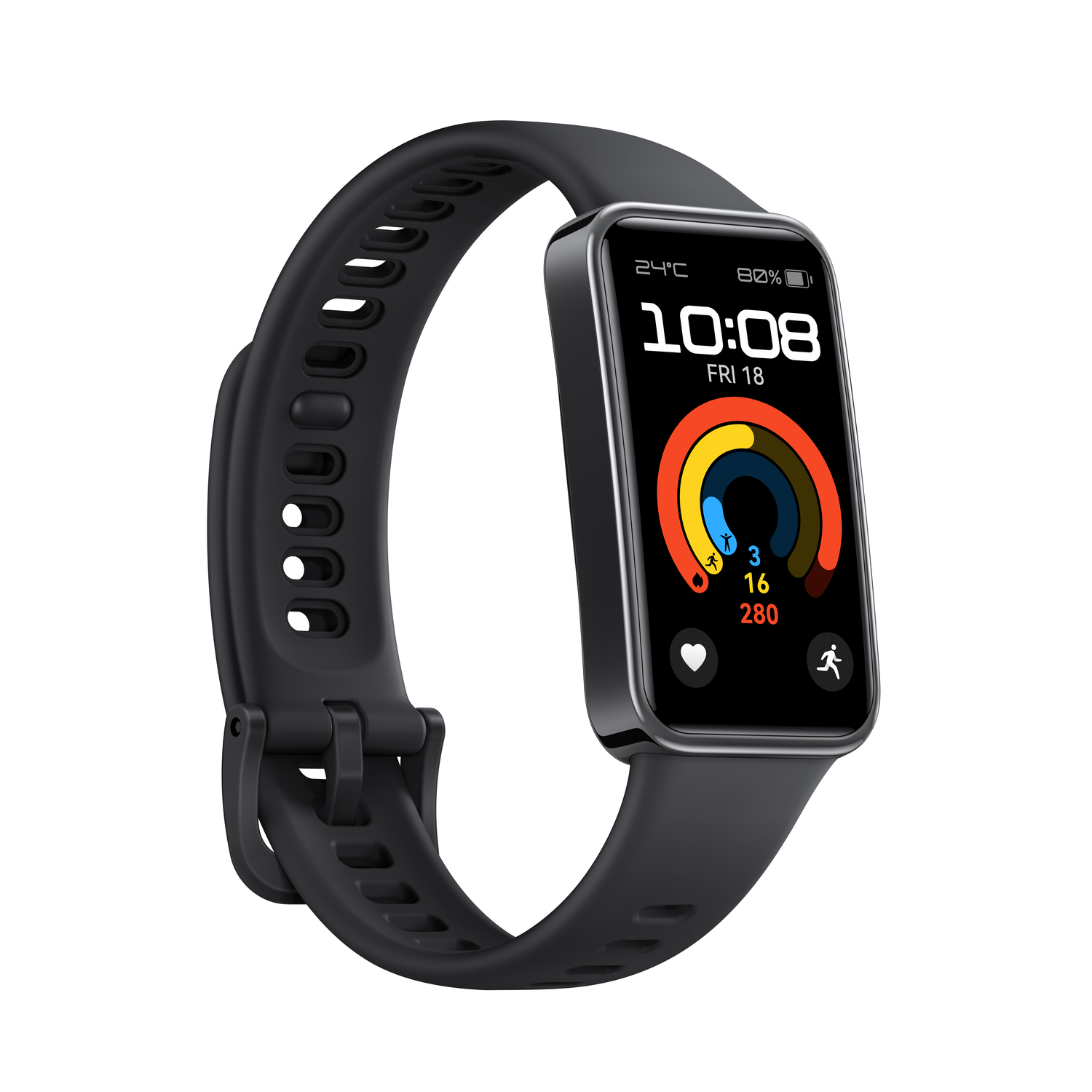 Black smart band displaying time, date, and health metrics on a colorful screen.
