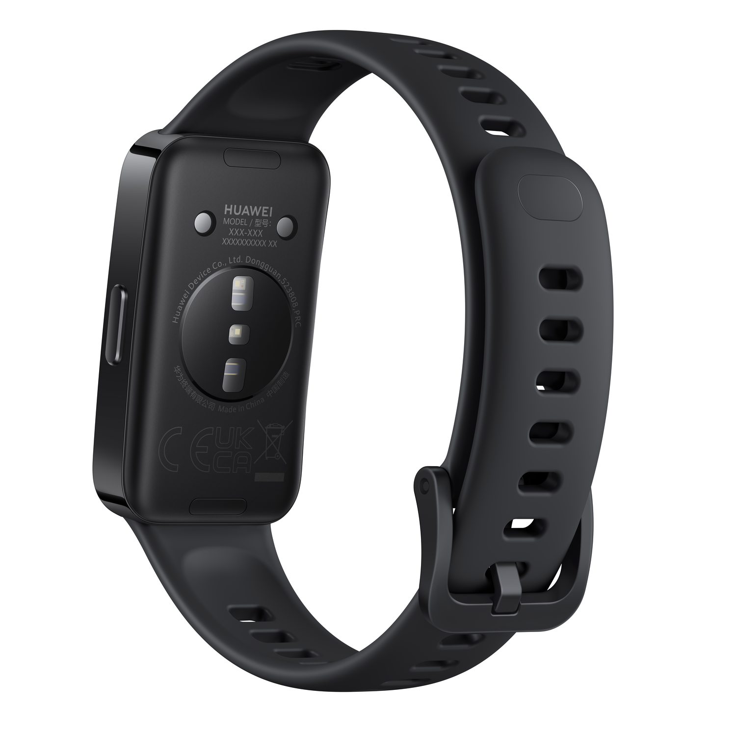 Black Huawei fitness tracker showing the back, including the strap and clasp, on a white background.