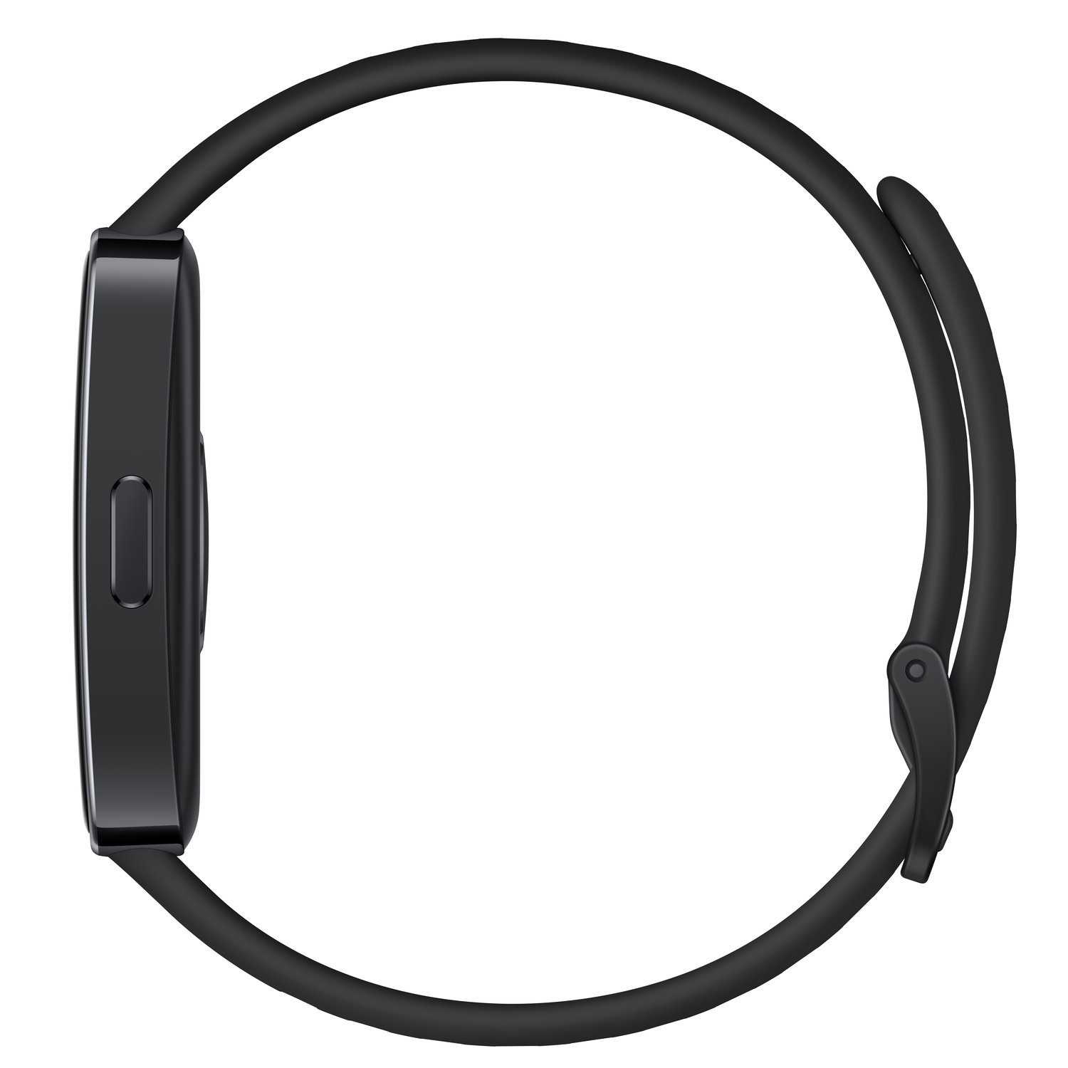 A black smartwatch with a band, seen from the side.