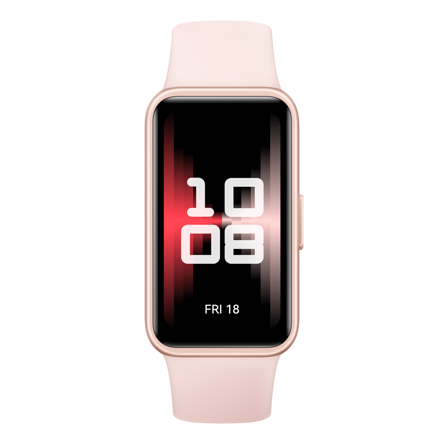 Pink smart watch with a rectangular screen displaying the date and time.