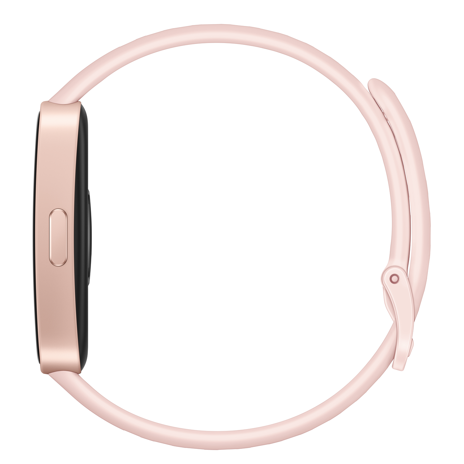 Side view of a pink smartwatch with a black screen and a pink strap.