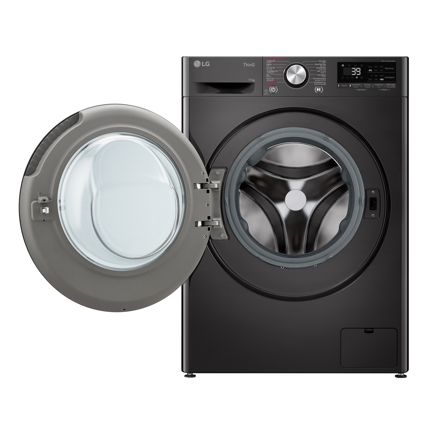 A black washing machine with an open door, revealing the drum interior.