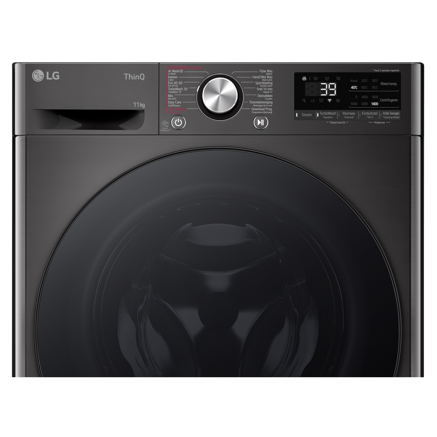 Black LG washing machine control panel with various settings visible.