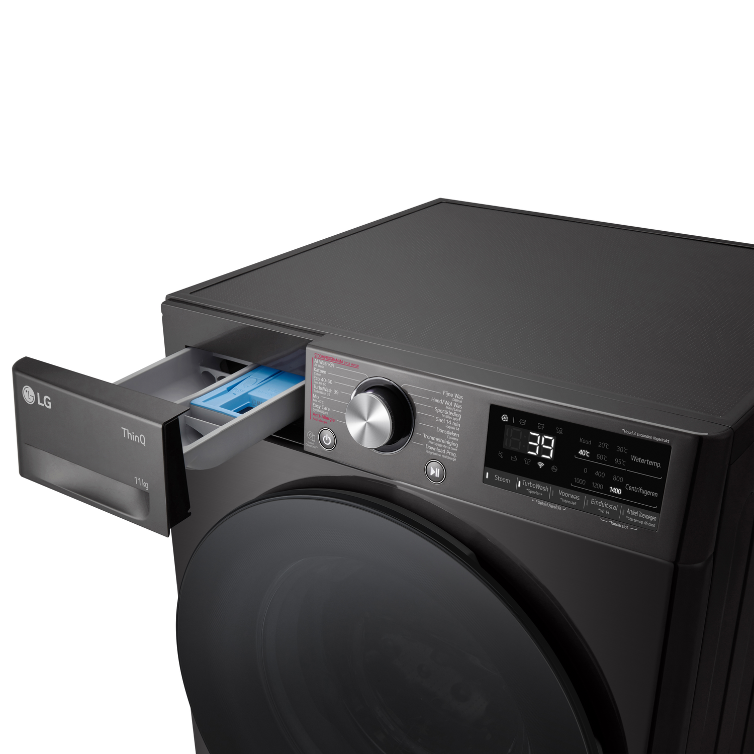 Black LG washing machine with open detergent drawer and digital display showing settings.