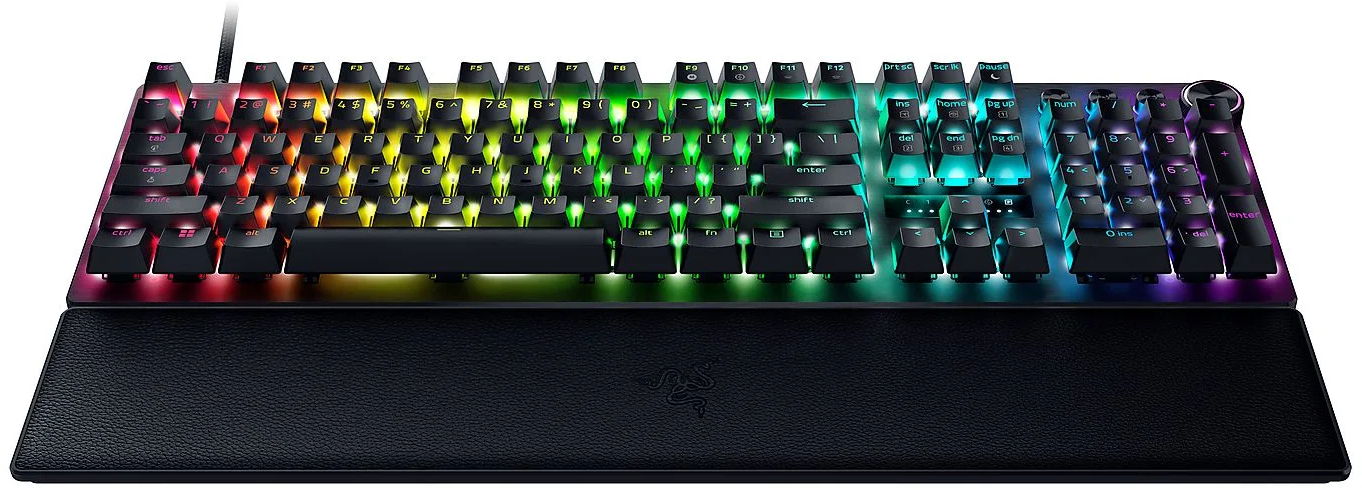 RGB-Tastatur mit Handballenauflage, schwarze Tasten, Regenbogenfarben.