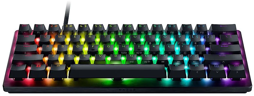 Mechanische Tastatur mit schwarzer und Regenbogen-Hintergrundbeleuchtung. RAZER unten gedruckt.