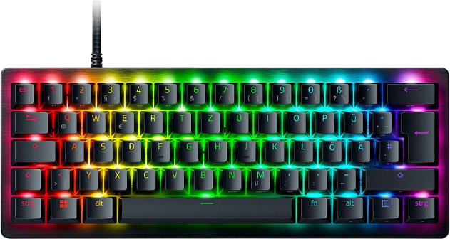 Kleine Gaming-Tastatur mit bunten, beleuchteten Tasten. Buchstaben und Symbole sind sichtbar.