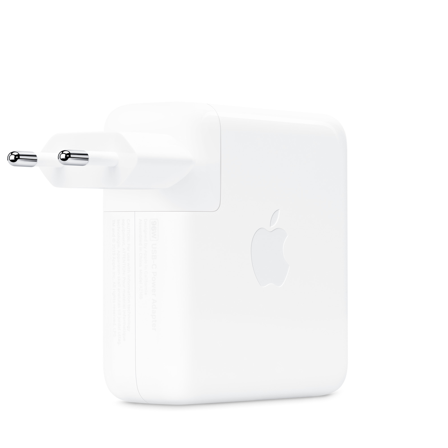 White Apple charger with two prongs. Apple logo on the front. White background.