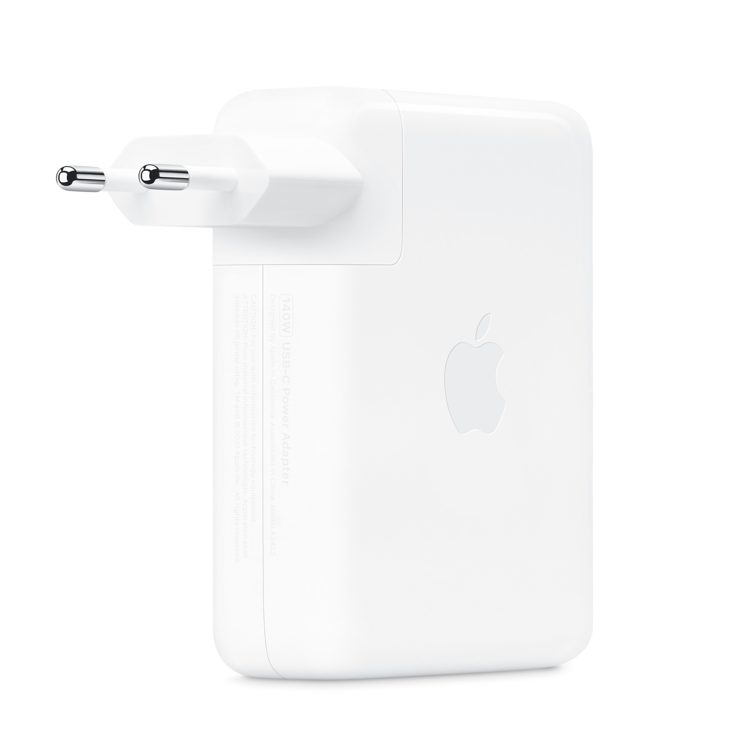 White Apple power adapter with prongs. It has the Apple logo.