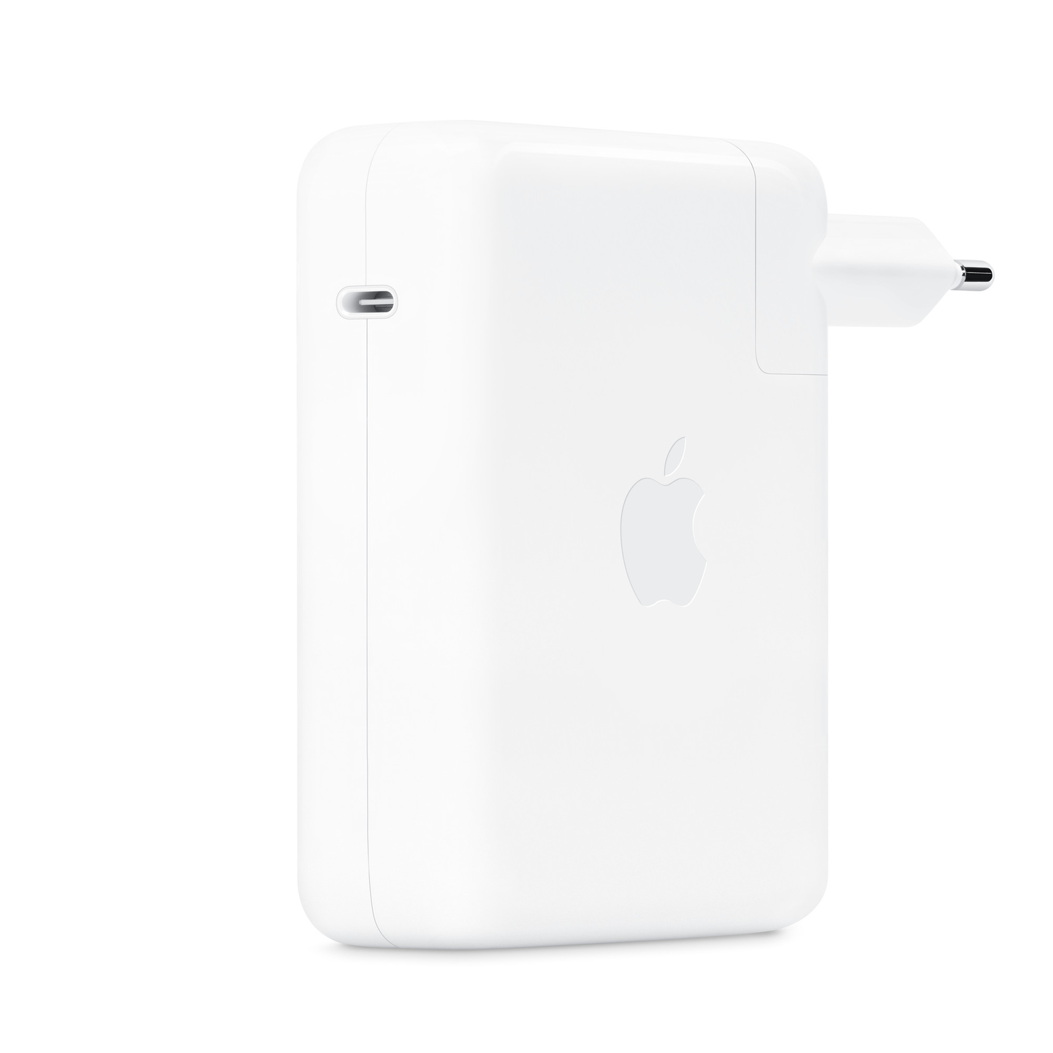 A white Apple charger with a C-port and plug, with an Apple logo.