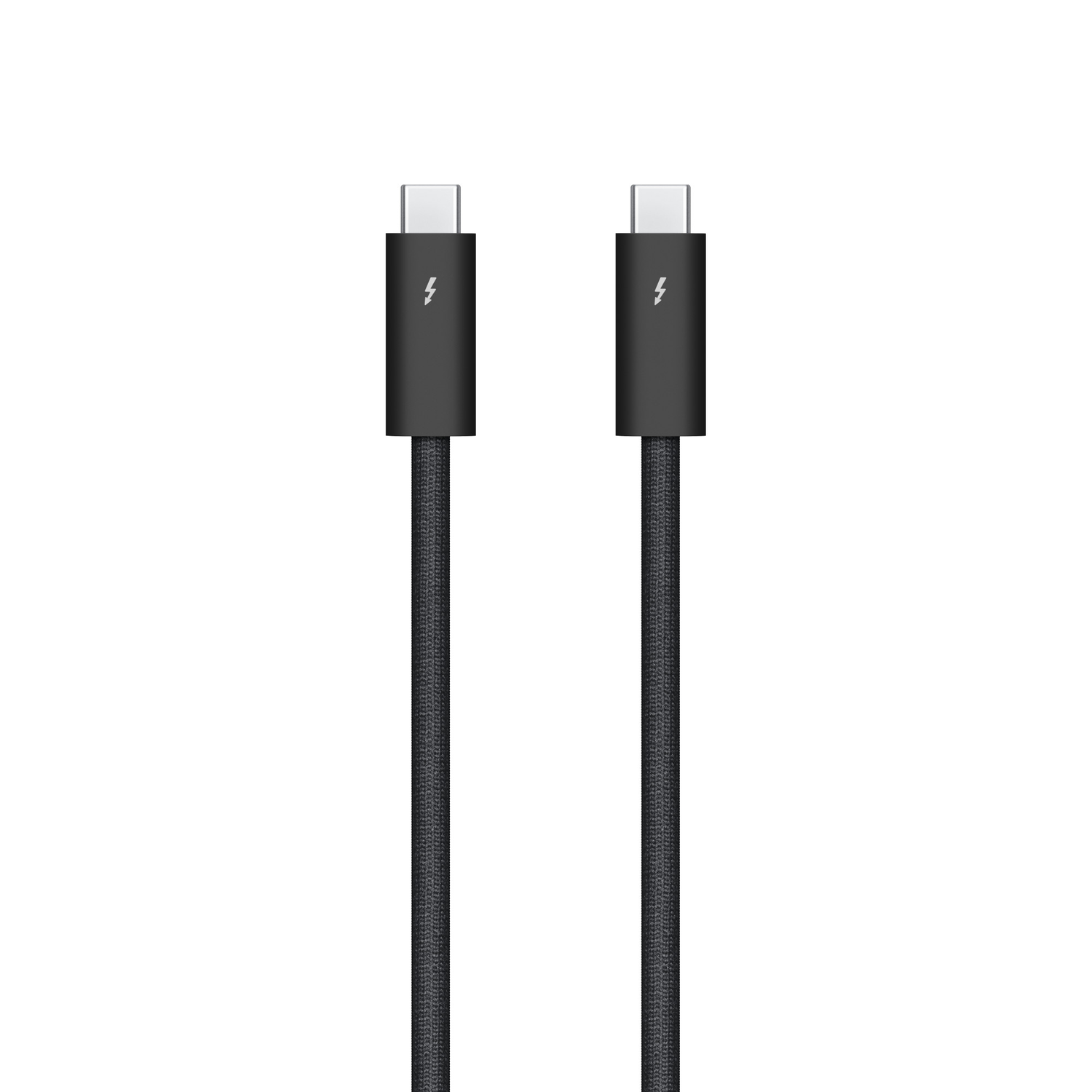 Two black Thunderbolt cables with connectors at both ends, against a white background.