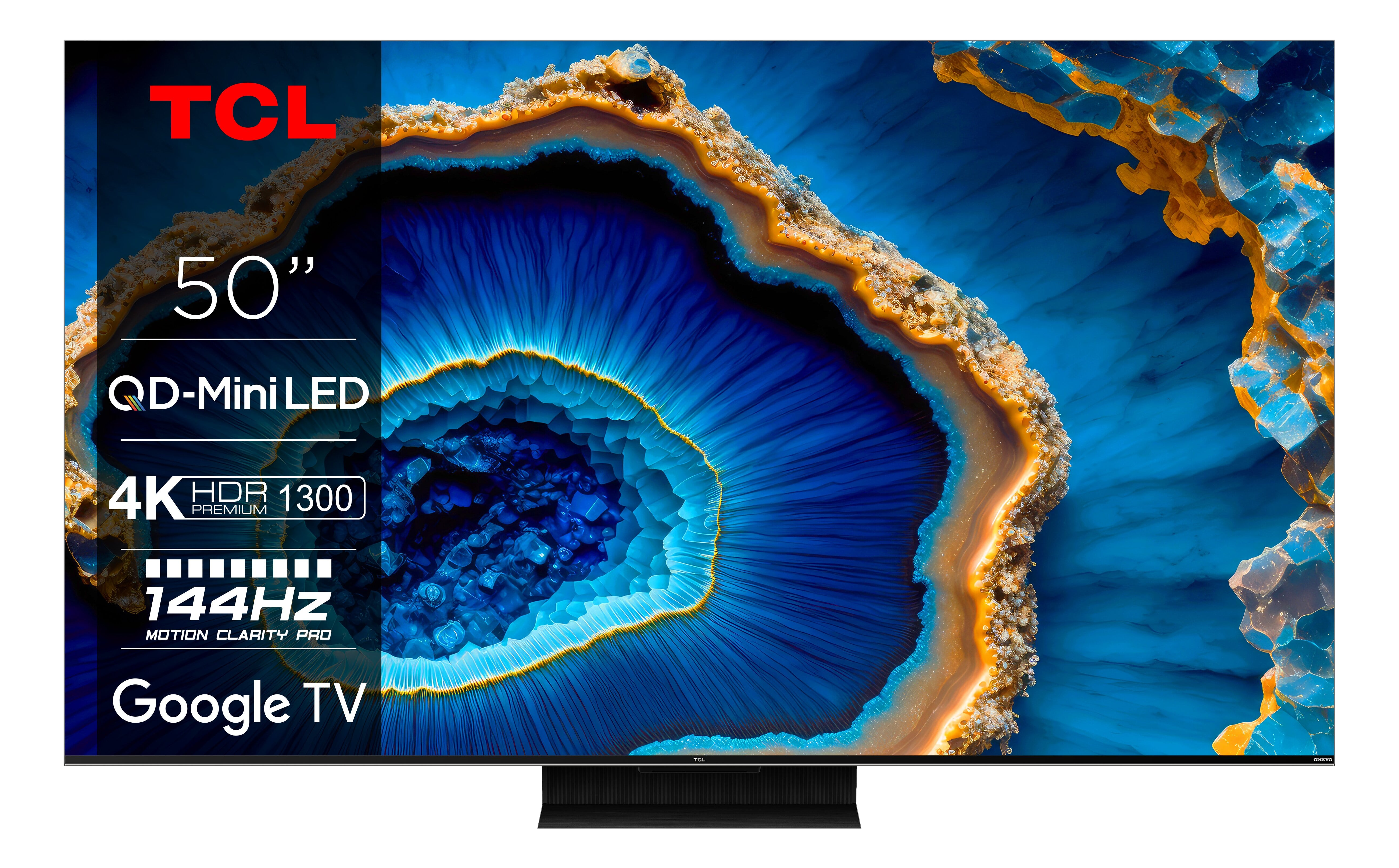 TCL 50" Fernseher, der ein abstraktes Bild zeigt. Es zeigt QD-Mini LED, 4K, HDR 1300, 144Hz und Google TV.