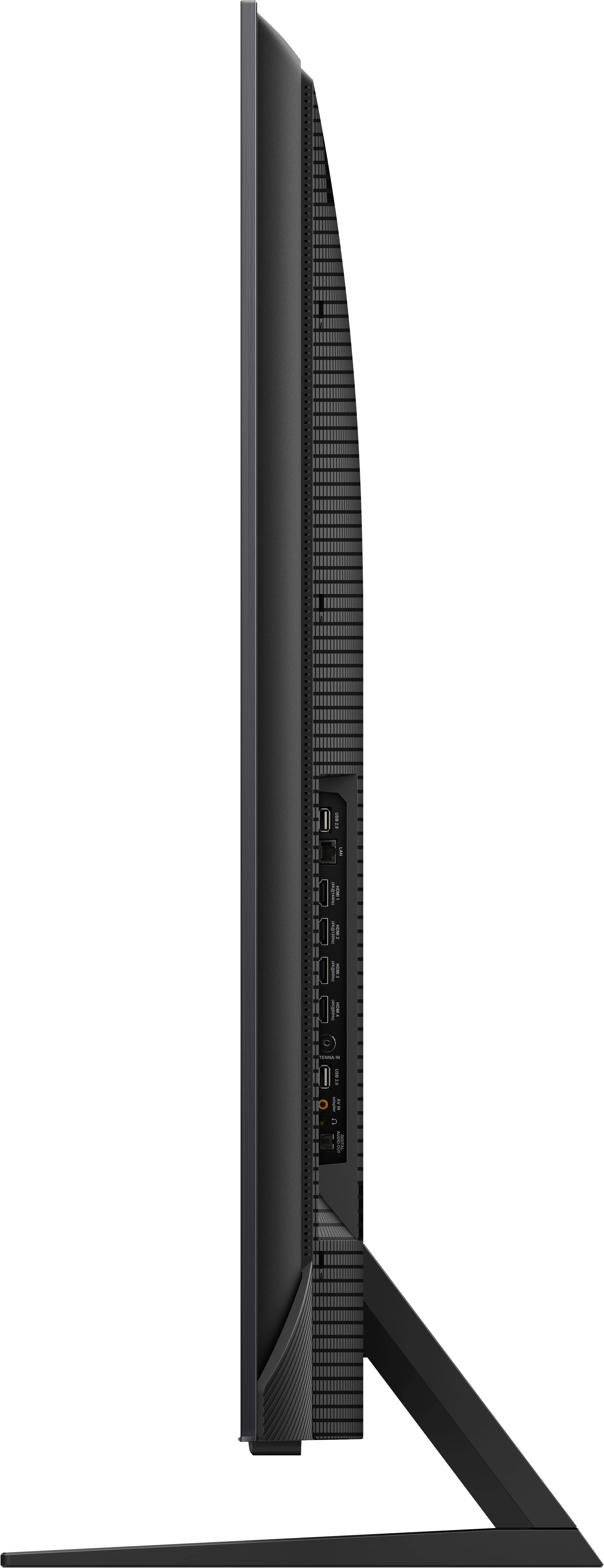 Seitenansicht eines schwarzen Fernsehers mit Anschlüssen. Enthält HDMI, USB und Audioausgang. Der Bildschirm ist dunkel, mit schwarzem Hintergrund.