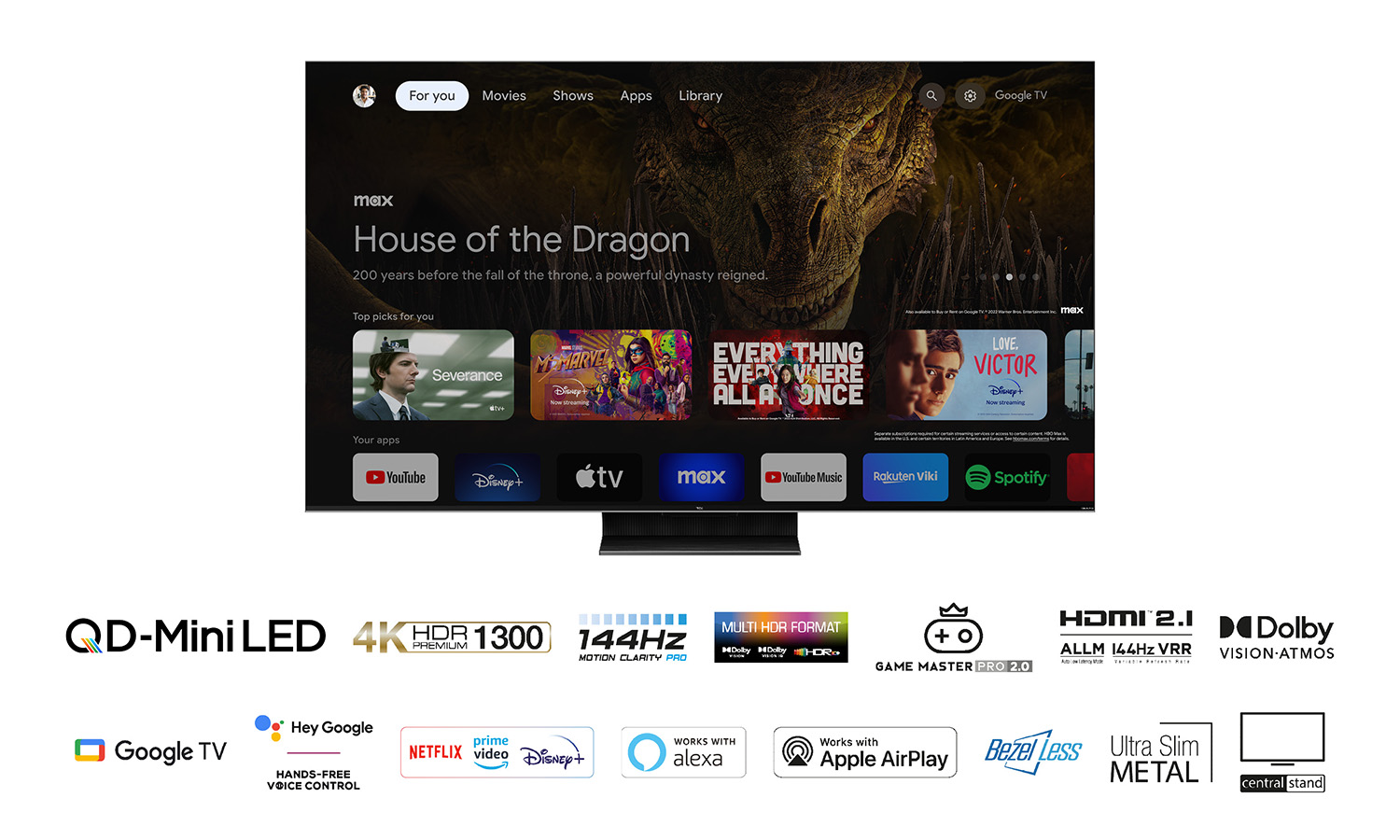Ein moderner schwarzer Fernseher, der eine Sendung anzeigt, mit verschiedenen Tech-Symbolen und Google TV-Logo.