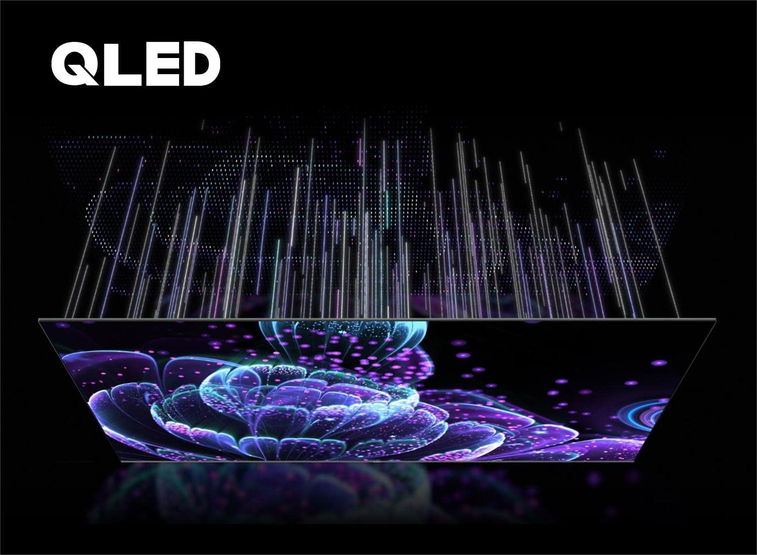Ein QLED-Bildschirm, der eine farbenfrohe Blumendarstellung mit Lichtstrahlen zeigt.