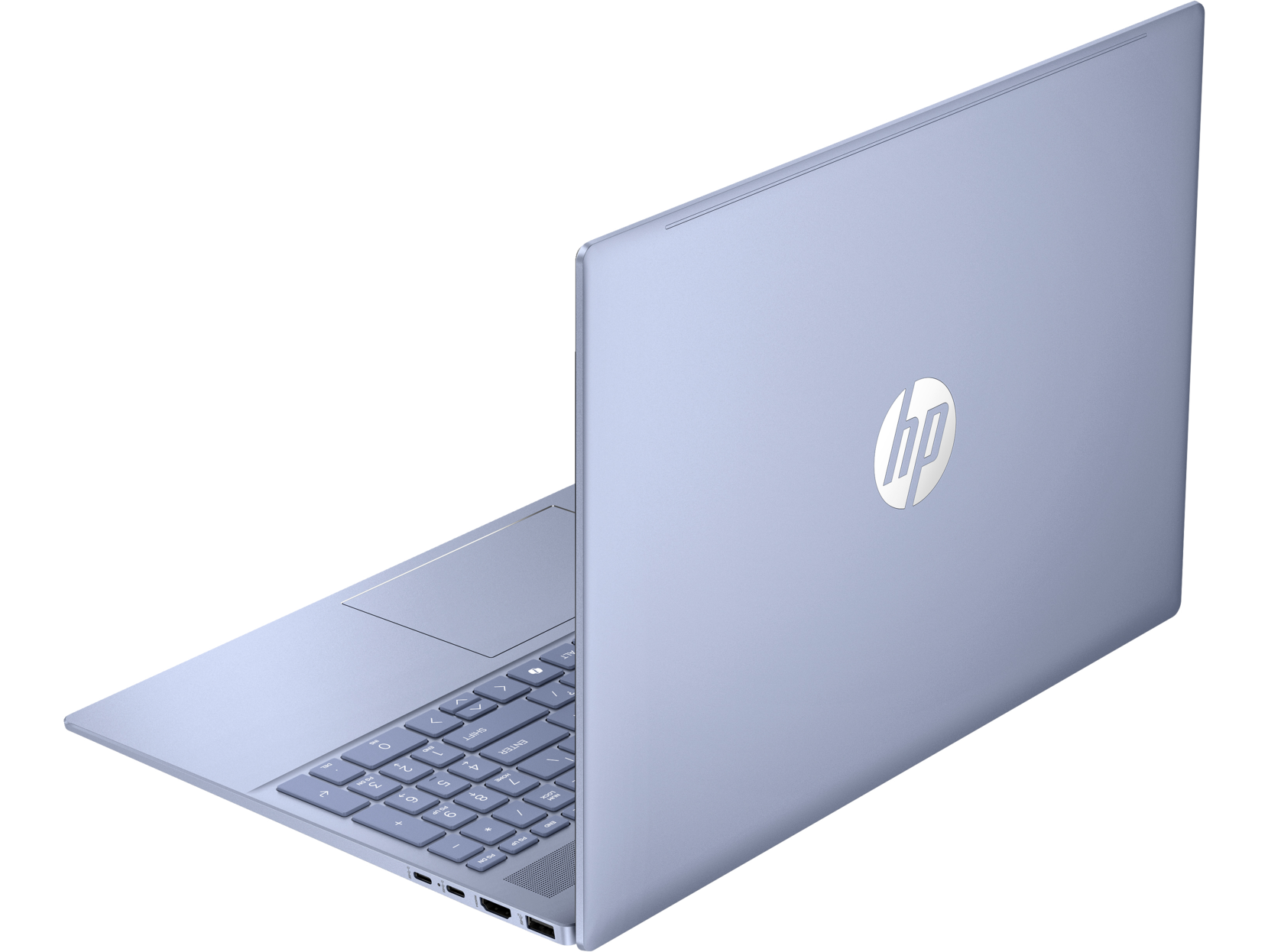Una computadora portátil azul claro desde atrás, mostrando el logotipo de HP, sobre un fondo negro. El teclado es visible.
