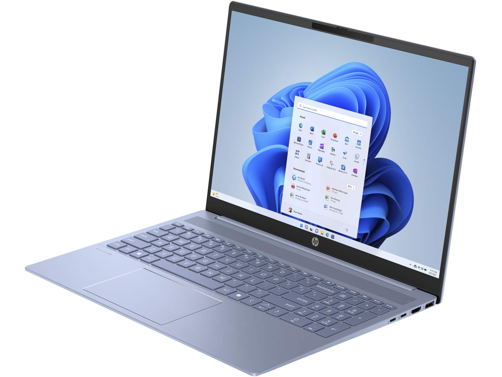 Laptop azul con la pantalla abierta, mostrando una interfaz de Windows 11.