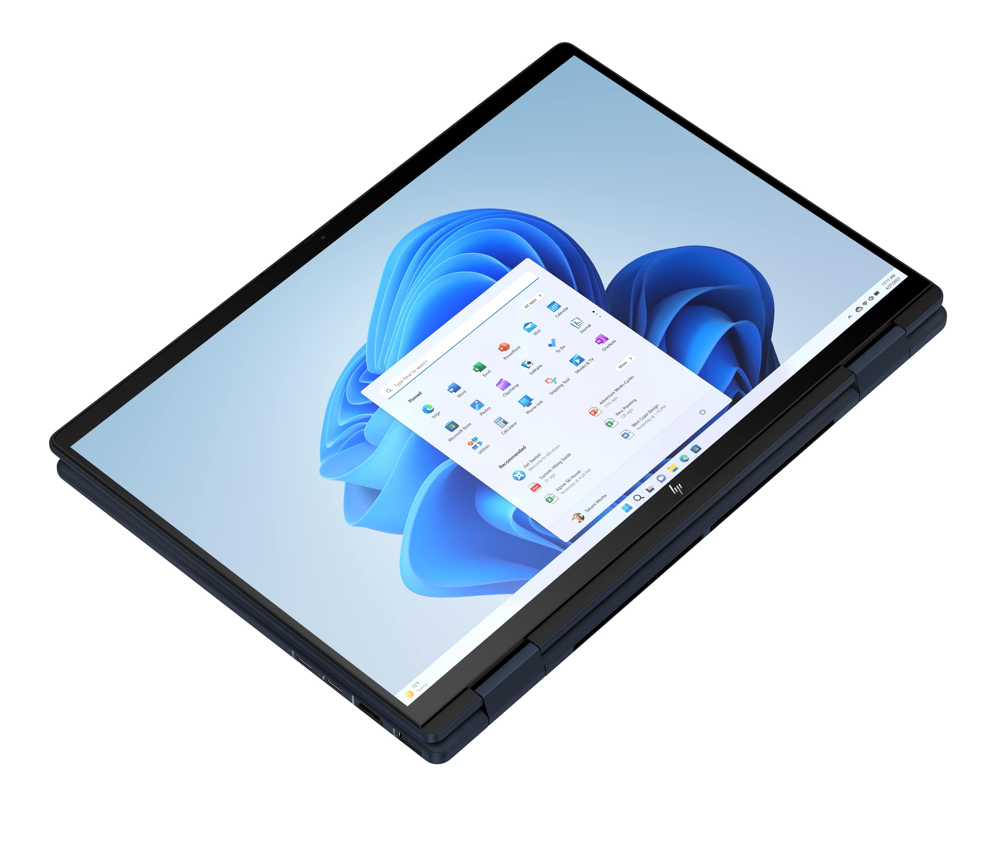 Portátil abierto, mostrando una interfaz de Windows con iconos de aplicaciones. Color azul oscuro.