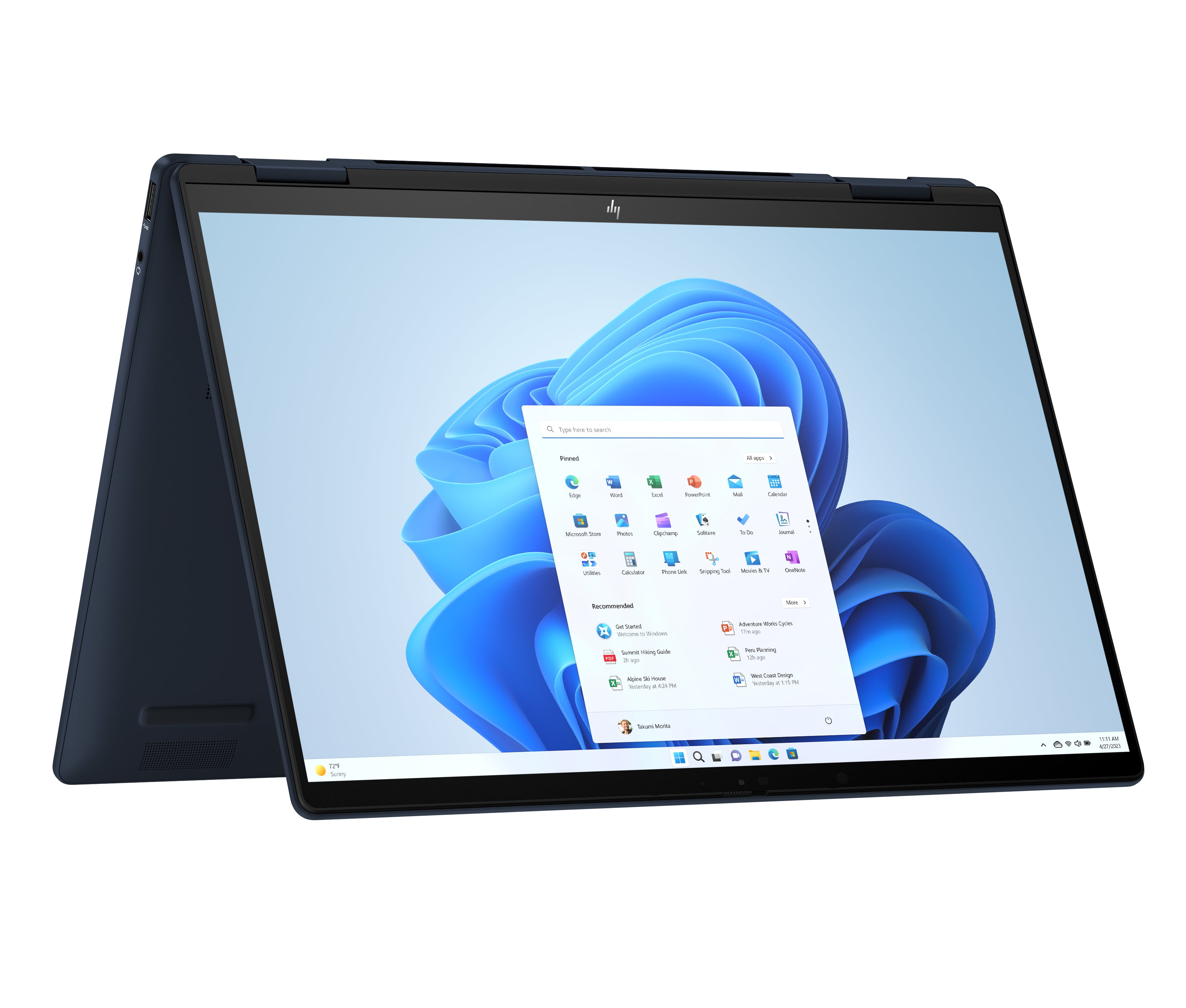 Una computadora portátil HP azul oscuro, con la pantalla abierta, mostrando una interfaz de Windows 11.
