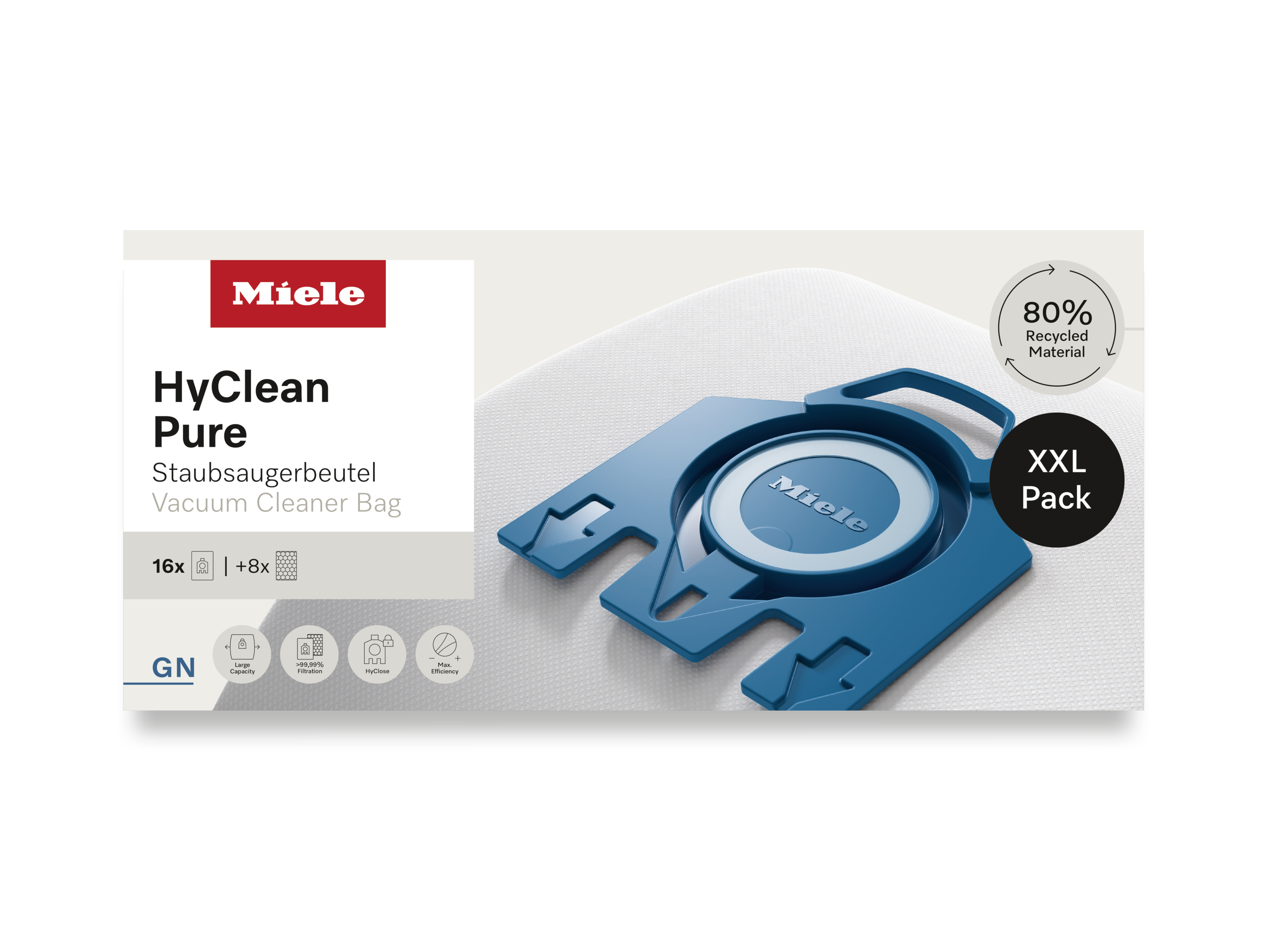Staubsaugerbeutel-Packung, weißer Hintergrund. Text: HyClean Pure Staubsaugerbeutel.