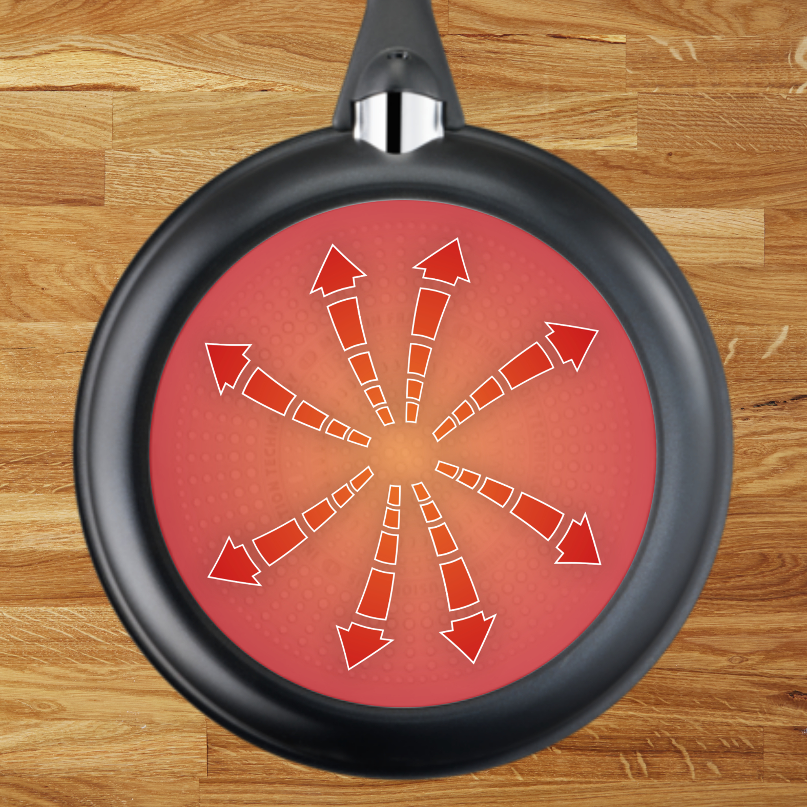 Czarna patelnia z czerwonym środkiem, wyświetlająca strzałki ciepła, na drewnianej powierzchni.