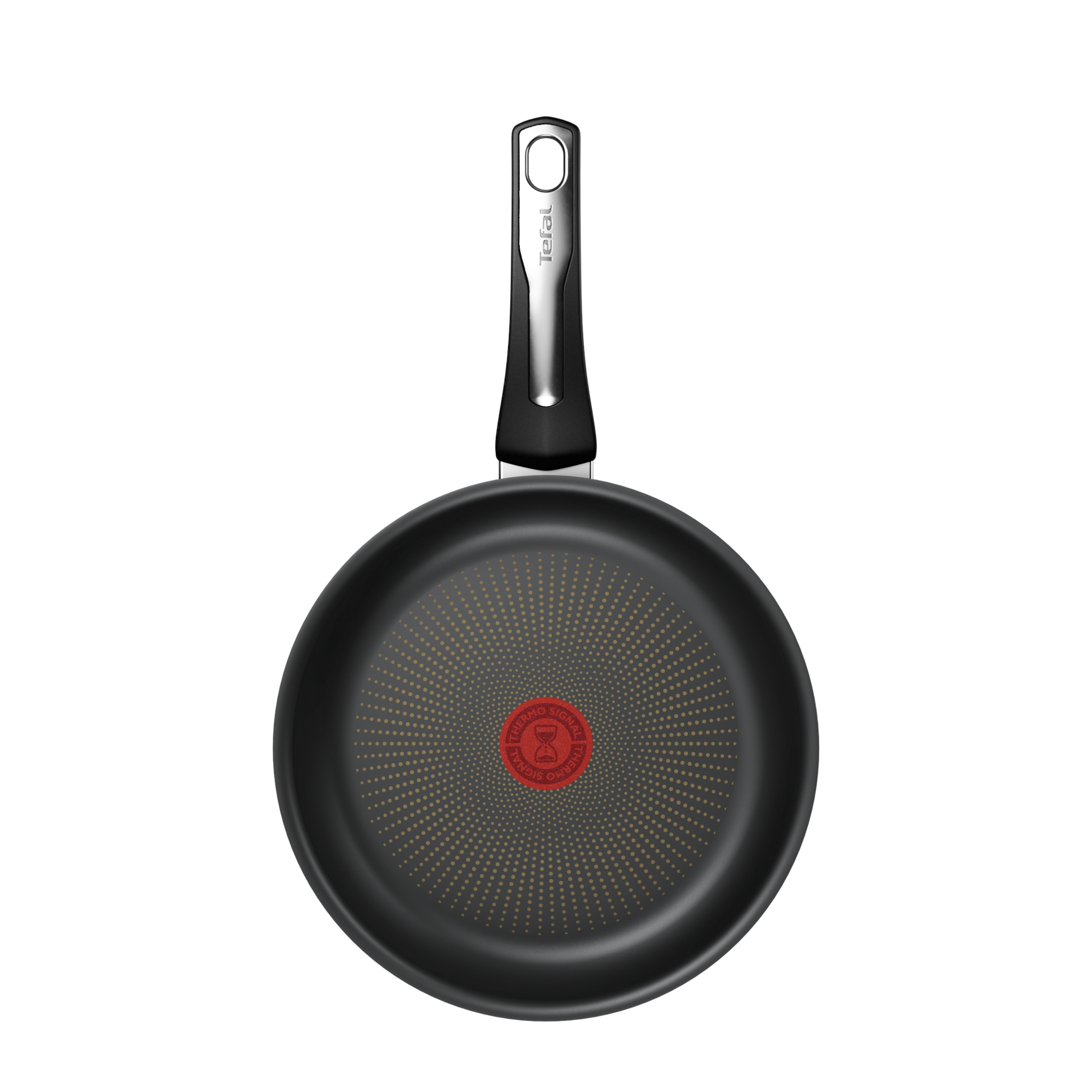 Czarna patelnia, widok z góry, z czerwoną kropką pośrodku.