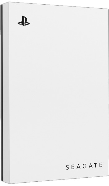 A white Seagate external hard drive for PlayStation with the PlayStation logo on top.
